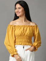 Women's Mustard Solid Cinched Waist Crop Top-GF-630-Mustard