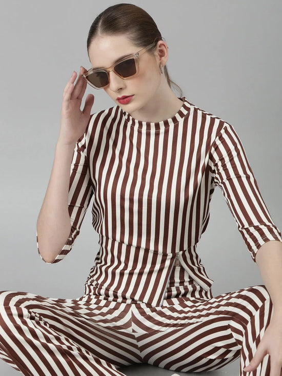 Women Brown Striped Tracksuit-AF-2052-Brown