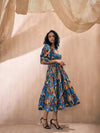 Women Blue Ikat Front Button Self Belt Tiered Midi Dress