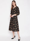 Front neck and waist tucks with baloon sleeve printed dress in Black