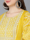 Ahika Women Yellow Rayon Embroidered Anarkali Kurta Pant Set With Dupatta