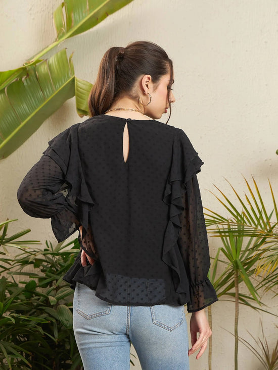 Women Black Dobby Ruffle Top