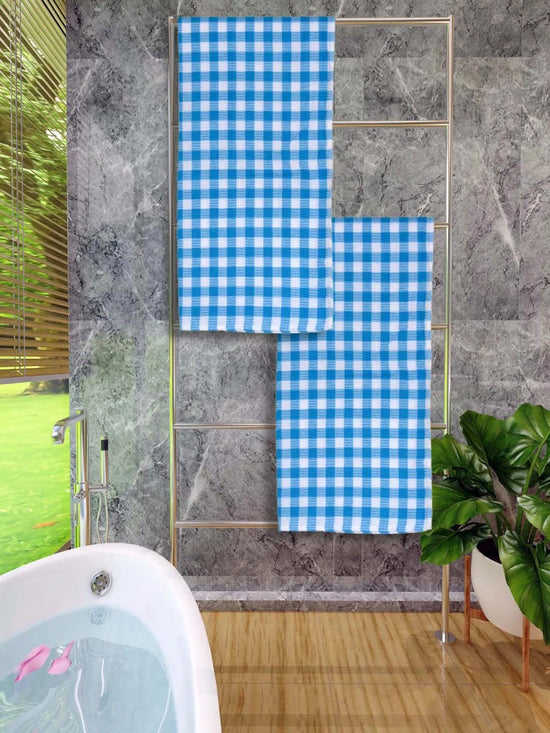 Athom Living Premium Gamcha Bath Towel 65 x 135 cm Pack of 2 White with Blue checkered-ATZ-BT-1F-C2