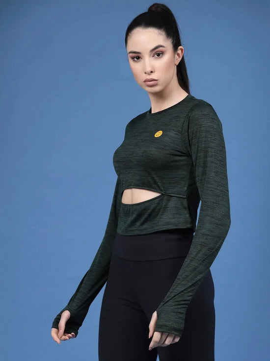 Rigo Solid Full Sleeves Round Neck Slim Fit Women Active Wear Crop Top-WTOP315-1438-L