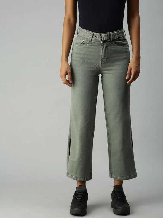 Women's Olive Solid Denim Wide Leg Jeans-IM9811-Olive