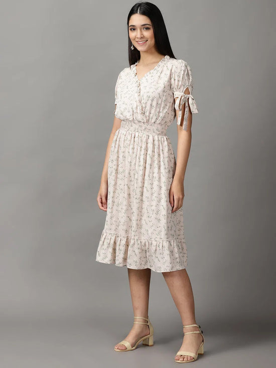 Women's Cream Floral Fit and Flare Dress-KG-4099-Cream