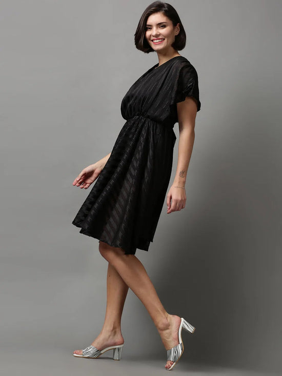 Women's Black Solid Fit and Flare Dress-AE-15614-Black