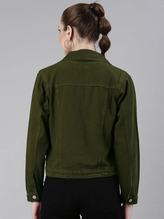 Women Olive Solid Denim Jacket-GZ-5598-Olive