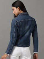 Women's Navy Blue Solid Denim Jacket-IM-9827-Navyblue