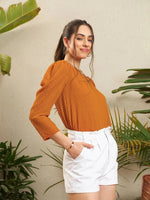 Women Rust Dobby Puff Sleeves Regular Top