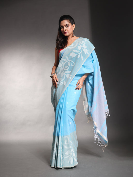 Sky Blue Pure Cotton Soft Saree With Nakshi Designs-MA54CT041380005