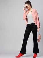 Women Solid Pink Round Neck Full Sleeve Jacket