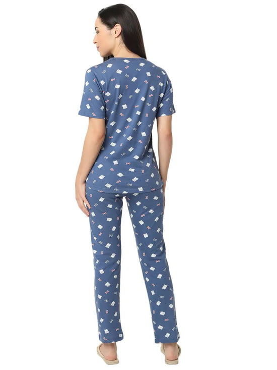 Smarty Pants Women's Cotton Lycra Blue Color Teddy Print Night Suit