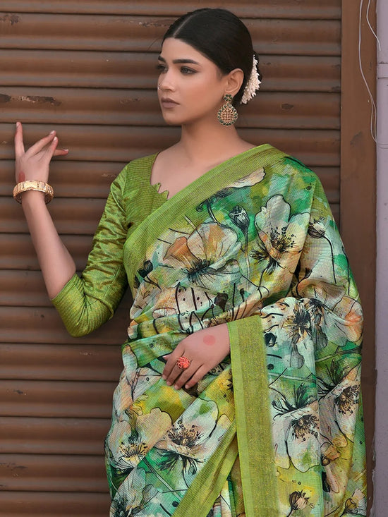 Saree Mall Women's Linen Blend Green Printed Designer Saree With Blouse Piece-NITRA302