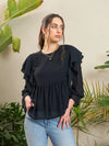 Women Black Dobby Ruffle Top