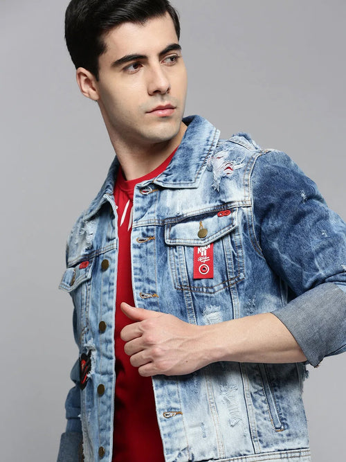 Men Blue Solid Denim Jacket-KZ-12056-Blue