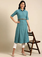 Women's Blue Solid A-Line Kurta-DF-4698-Teal