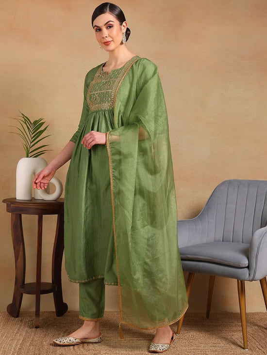 Ahika Women Green Silk Blend Yoke Design Straight Kurta Pant Set With Dupatta