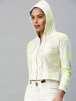 Women's White Solid Crop Front-Open Sweatshirt-AF-1790-Whitefluorescentgreen