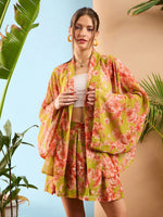 Women Green Floral Kimono Shrug With Shorts