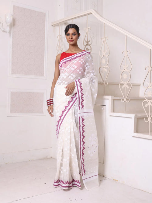 Off White Cotton Handwoven Jamdani Saree-MA64JM401380035