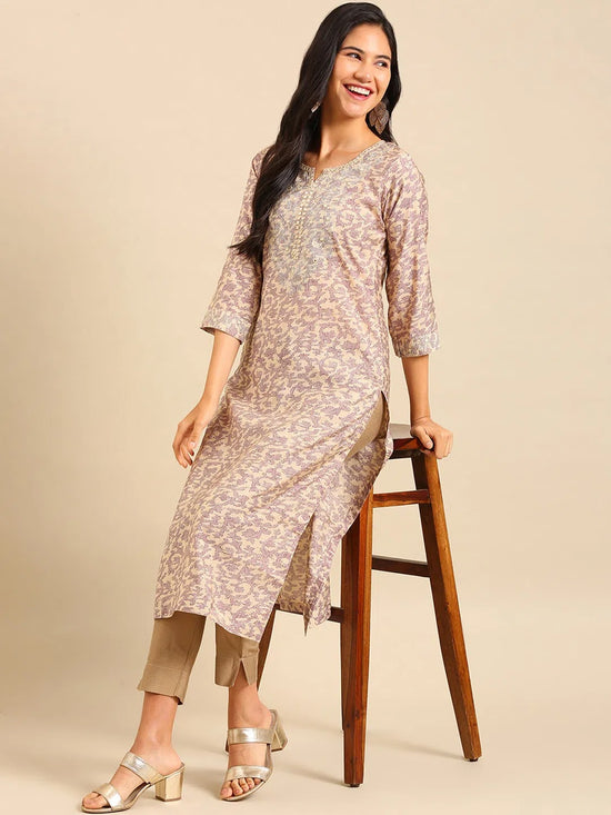 Women's Beige Printed Straight Kurta-AT-A-625-Beige