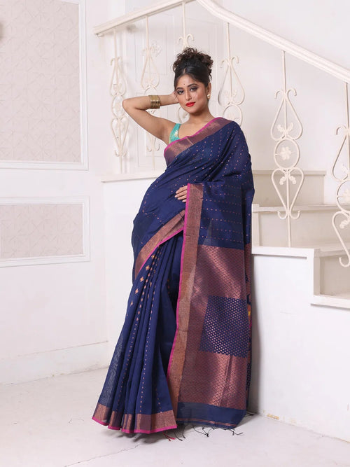 All Over Zari Weaving Navy Blue Cotton Saree With Zari Borders-MA64BCT401380029