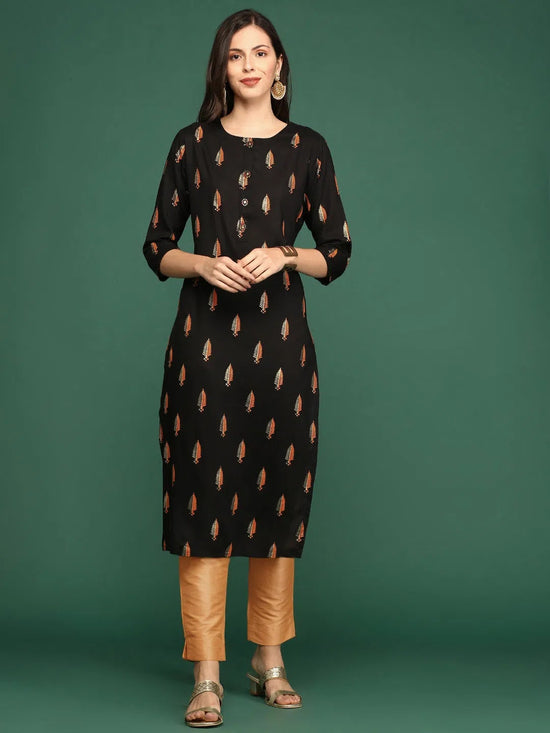 Women Black Floral Straight Kurta-GW-4196-Black