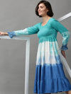 Women's Blue Tie Dye Fit and Flare Dress-ON-582-Turquoiseblue