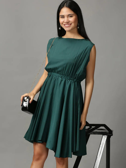 Women's Green Solid Fit and Flare Dress-AE-15755-Green