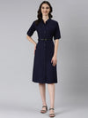 Women Navy Blue Solid A-Line Dress-DF-1587-Navyblue