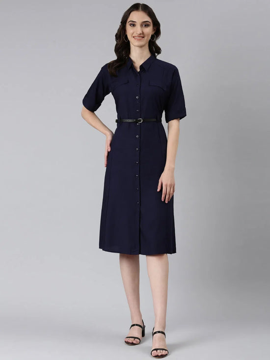 Women Navy Blue Solid A-Line Dress-DF-1587-Navyblue