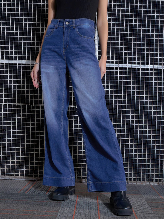 Women Blue Wide Leg Faded Jeans