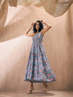 Women Blue Floral Strappy Tiered Maxi