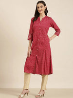 Women Fuchsia Geometrical A-Line Kurta-AT-A1048-Fuchsia