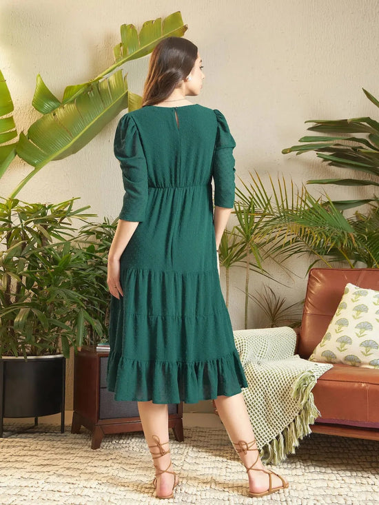 Women Teal Dobby Tiered Midi Dress