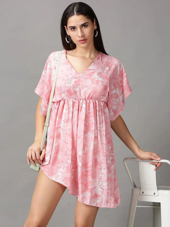 Women's Pink Printed Fit and Flare Top-AE-15770-Pink