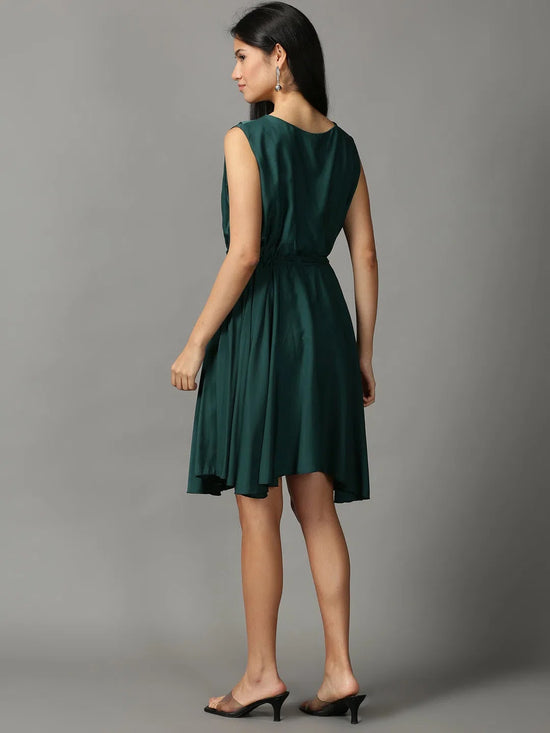 Women's Green Solid Fit and Flare Dress-AE-15755-Green