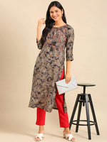 Women's Grey Embellished Straight Kurta-AT-A-757-Grey