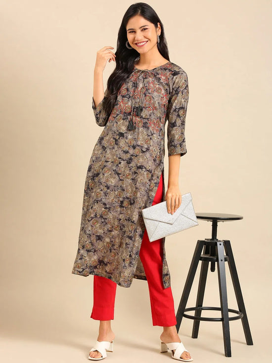 Women's Grey Embellished Straight Kurta-AT-A-757-Grey