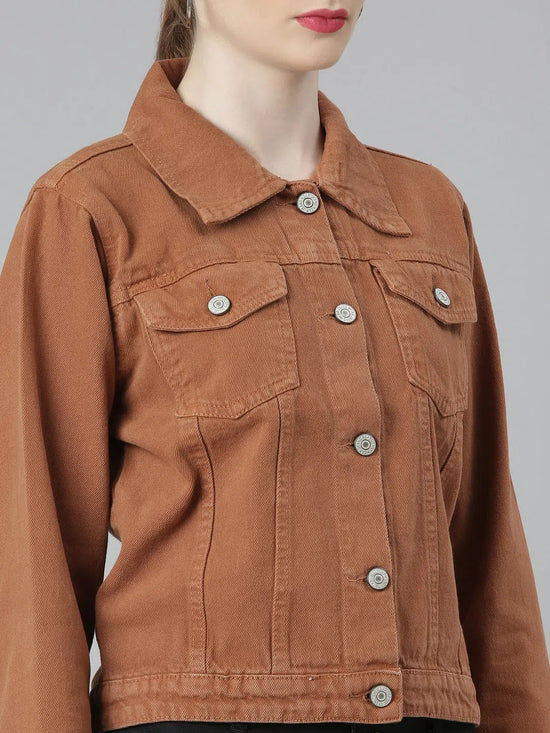 Women Camel Brown Solid Denim Jacket-GZ-5598-Camelbrown