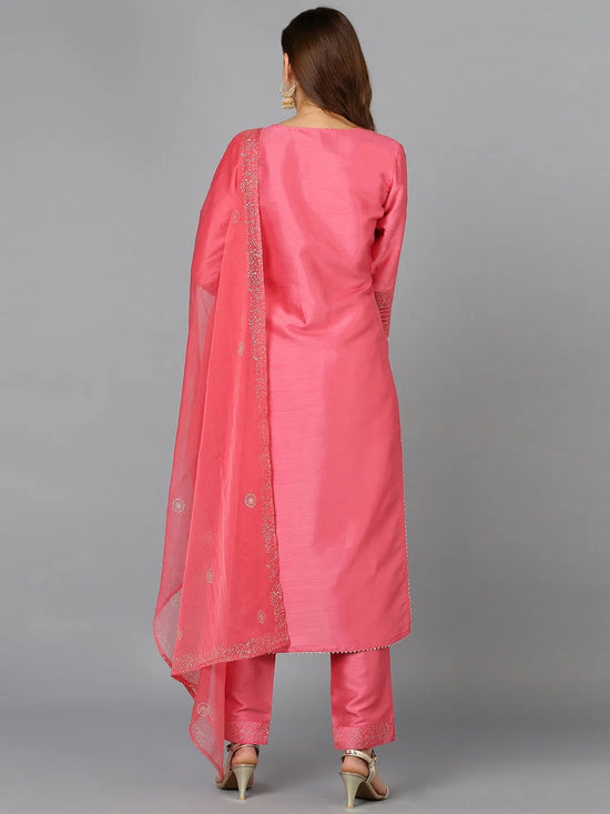 Pink Silk Blend Straight Kurta Pant With Dupatta