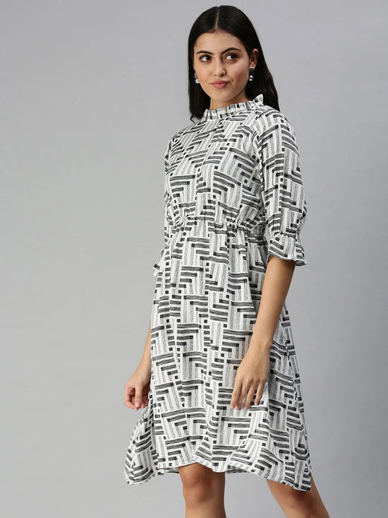 Women White Printed A-Line Dress-AE-9924-Whiteblack