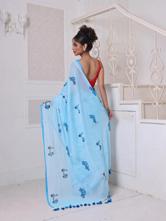 Sky Blue Bengali Style Mulmul Cotton Soft Saree-MA62MCT33750039