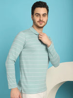 Venitian Men Striped Polo Neck Full Sleeves Sea Green T-Shirt Wih Pocket