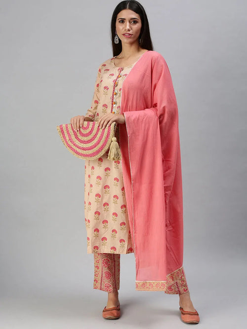 Women's Pink Printed Kurta Sets-SA659-Pink