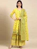 Women's Yellow Floral Kurta Set-BS-1019-Yellow