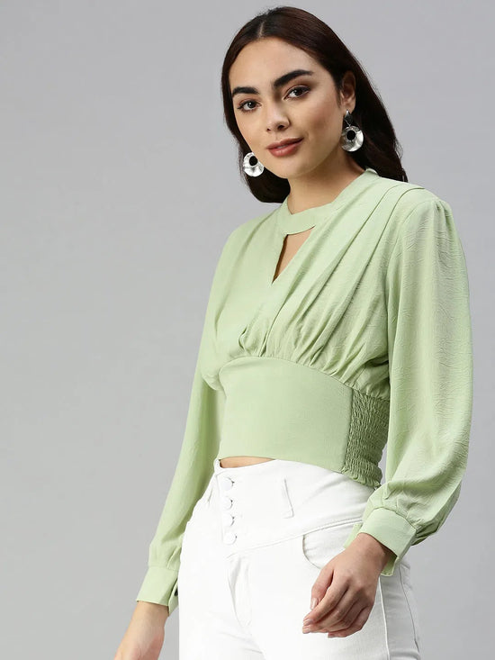 Women's Long Green Solid Top-AE-10284A-Green