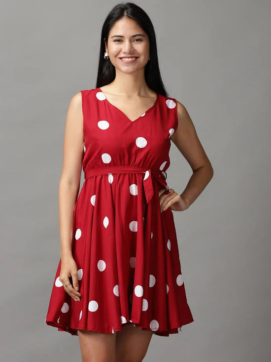 Women's Red Polka Dots Fit and Flare Dress-AE-15677-Maroon