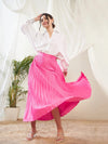 Women Pink Satin Accordion Pleated Maxi Skirt